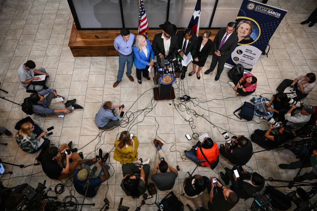 Attorney Hugo Balderas-Ibarra speaks during a news conference, regarding the case of individuals arrested during the operation in which Lorenzo Salgado Araujo was fatally shot by an Immigration and Customs Enforcement (ICE) agent in Houston on July 10, 2026. The shooting marked the first fatal incident involving an ICE officer since January. (Ronaldo Schemidt/AFP via Getty Images)