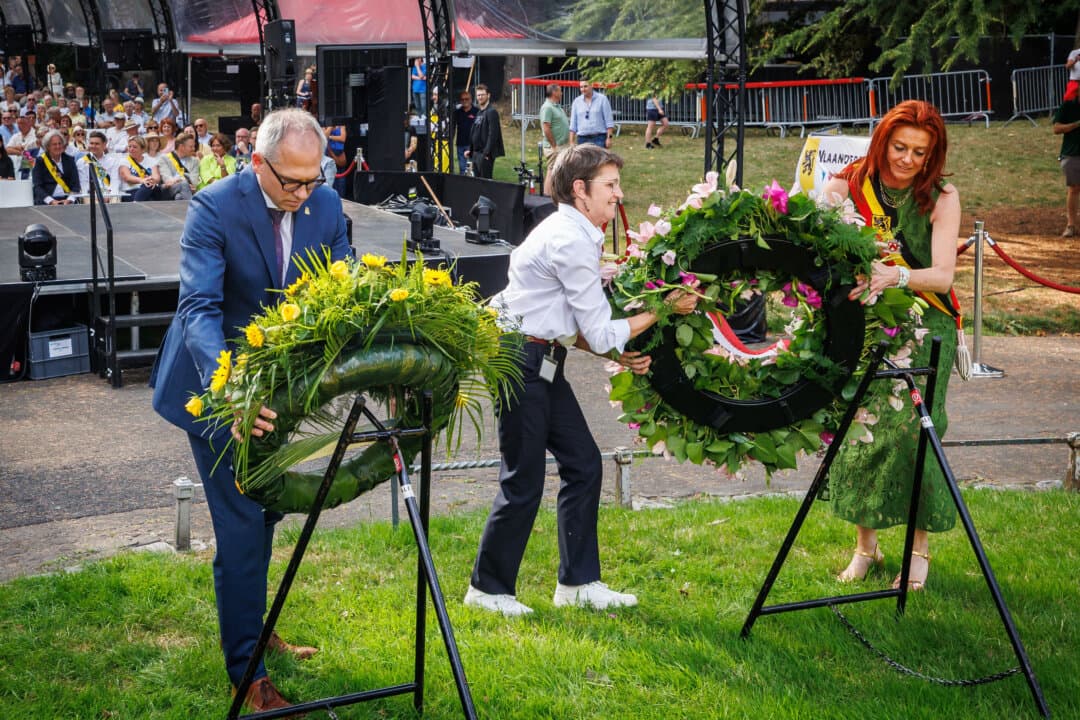 Flemish Minister-President Matthias Diependaele and acting Kortrijk Mayor Ruth Vandenberghe attend celebrations on the eve of the Flemish regional holiday in Kortrijk, Belgium, on July 10, 2026. (Kurt Desplenter/Belga/AFP via Getty Images)