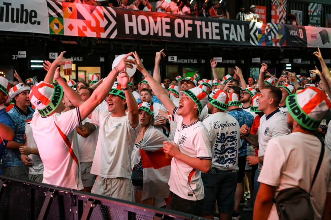 England fans attend a watch party for the FIFA World Cup 2026 quarterfinal match between Norway and England, in London, on July 11, 2026. (Alishia Abodunde/Getty Images)