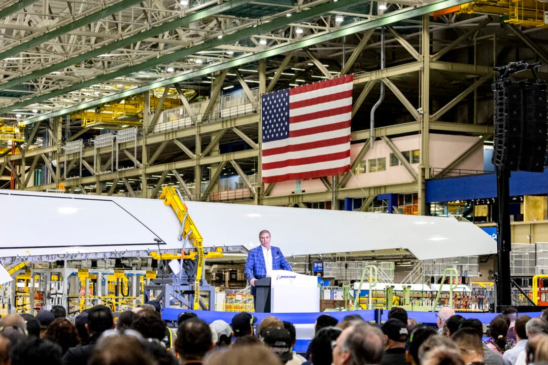 Mike Fleming, senior vice president of Airplane Programs and Customer Service of Boeing Commercial Airplanes, speaks during the opening of the company's new North Line assembly line, which will produce the 737 MAX aircraft, at the Boeing Everett Factory in Everett, Washington, on July 10, 2026. (Jason Redmond/AFP via Getty Images)