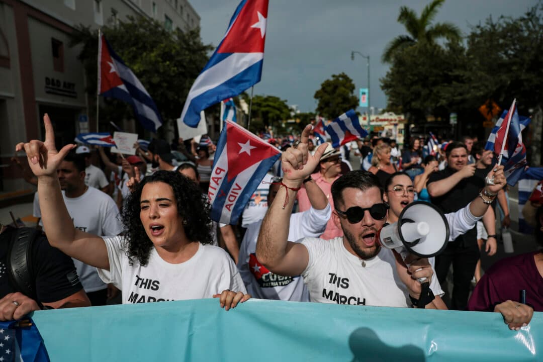 People participate in the Liberation Day Rally in Miami on July 11, 2026. The rally commemorates the fifth anniversary of the historic July 11th and 12th protests in Cuba, the largest in decades, which were met with a harsh crackdown. (Joe Raedle/Getty Images)