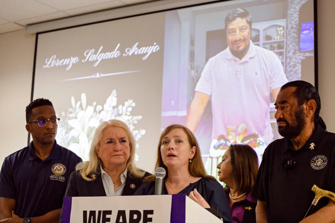 U.S. Rep. Lizzie Fletcher (D-Texas) speaks during a vigil honoring Lorenzo Salgado Araujo at SEIU Texas in Houston on July 11, 2026. A spokeswoman for the Department of Homeland Security said that Araujo was not the operation's intended target as federal officers were looking for a different person. (Danielle Villasana/Getty Images)
