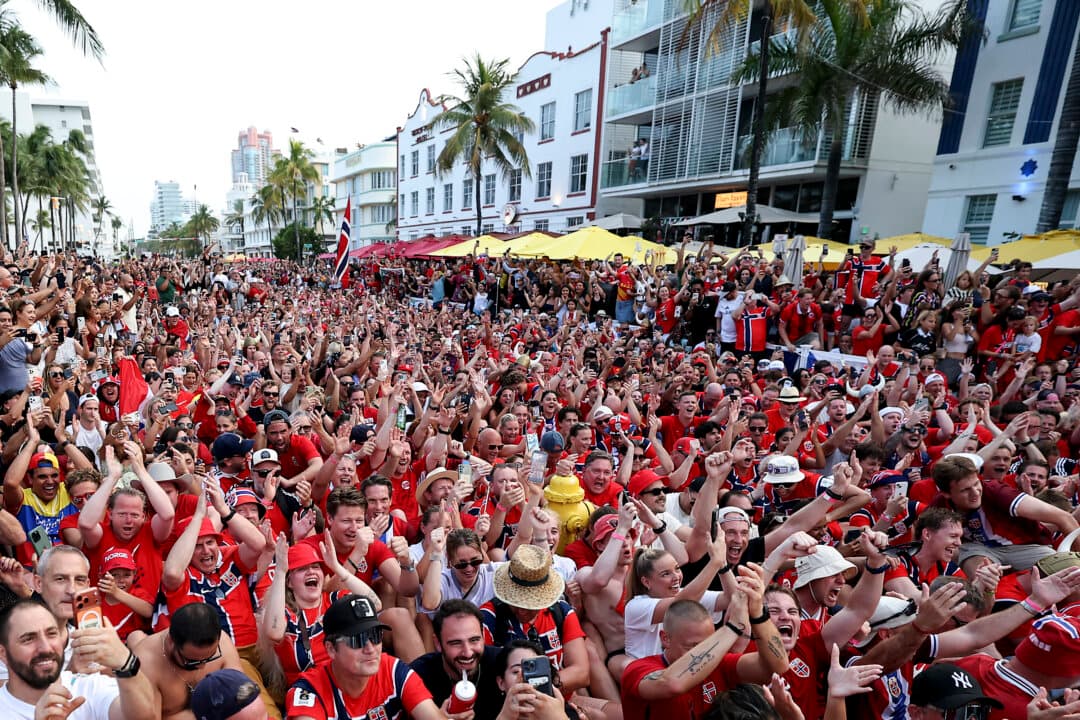 Fans of Norway prepare to participate in the “Viking Row,” a cheer created by Norwegian soccer fans which gained popularity during the 2026 FIFA World Cup, in Miami Beach, Fla., on July 10, 2026. (Buda Mendes/Getty Images)