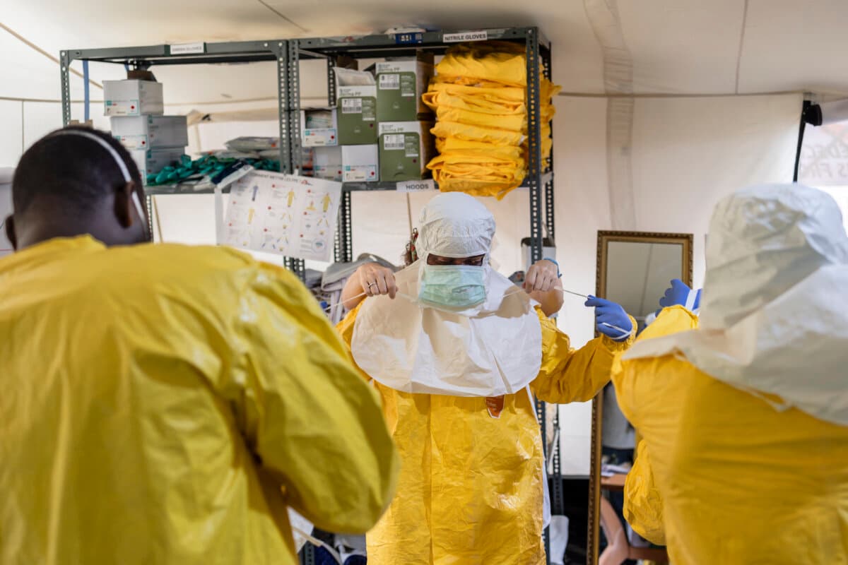 Health workers don protective equipment during a training on responding to Ebola, in Ongata Rongai, Kenya, on July 10, 2026. (Tony Karumba/AFP via Getty Images)