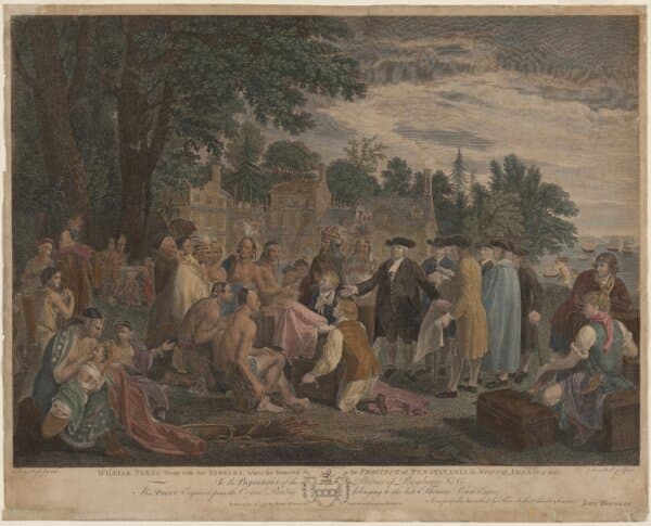 “William Penn's Treaty With the Indians,”1775, by John Hall, after Benjamin West. Engraving and etching with watercolor on laid paper; 16 13/16 inches by 23 1/4 inches. The McNeil Americana Collection, National Gallery of Art, Washington. (Public Domain)