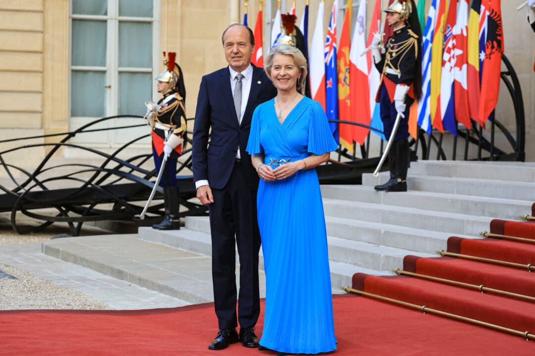 European Commission President Ursula von der Leyen and her husband Heiko von der Leyen arrive for a dinner of the Coalition of the Willing to support Ukraine at The Élysée Presidential Palace in Paris on July 13, 2026. (Ludovic Marin/AFP via Getty Images)