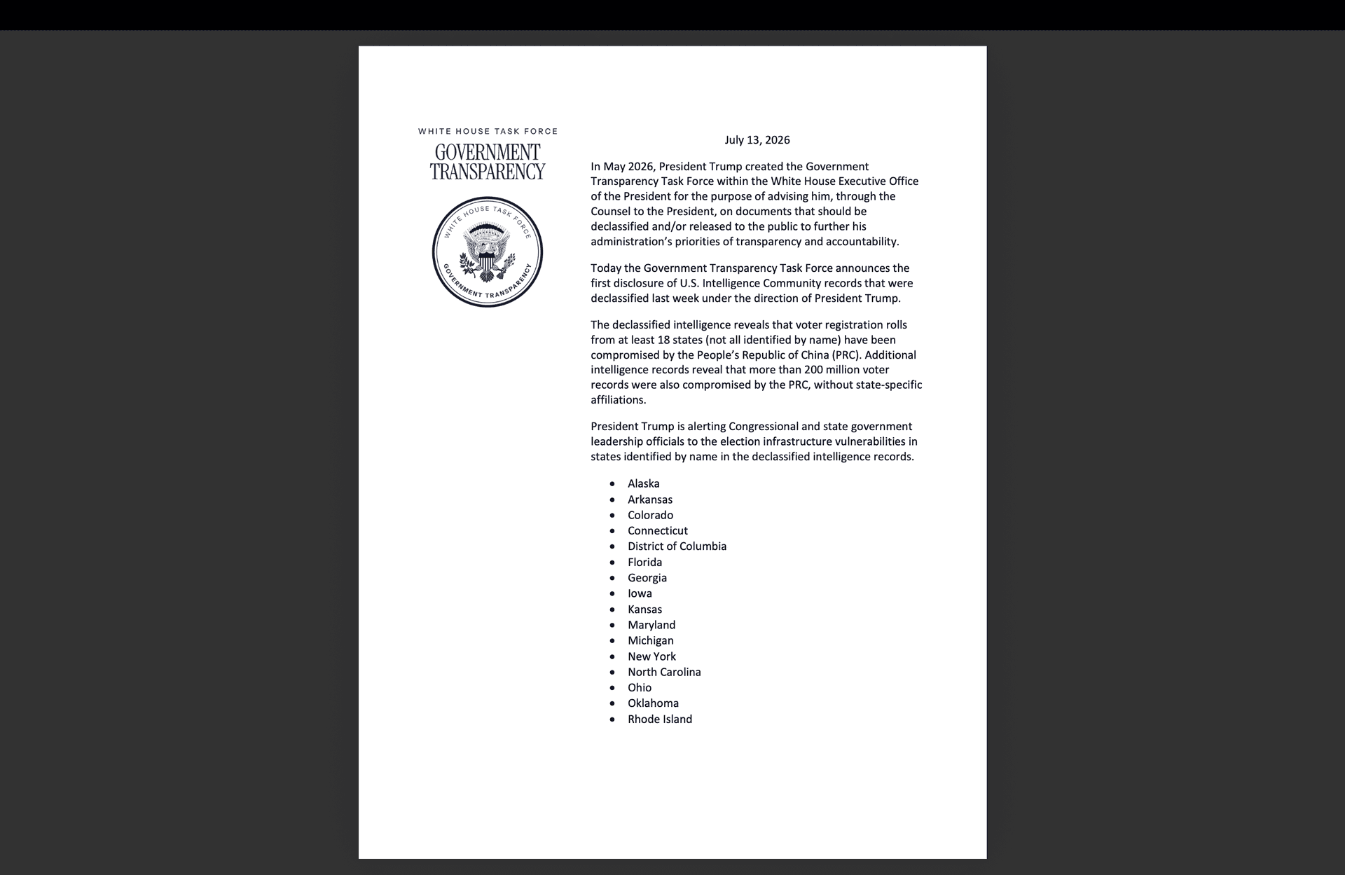 Newly declassified documents released by President Donald Trump on July 16, 2026.