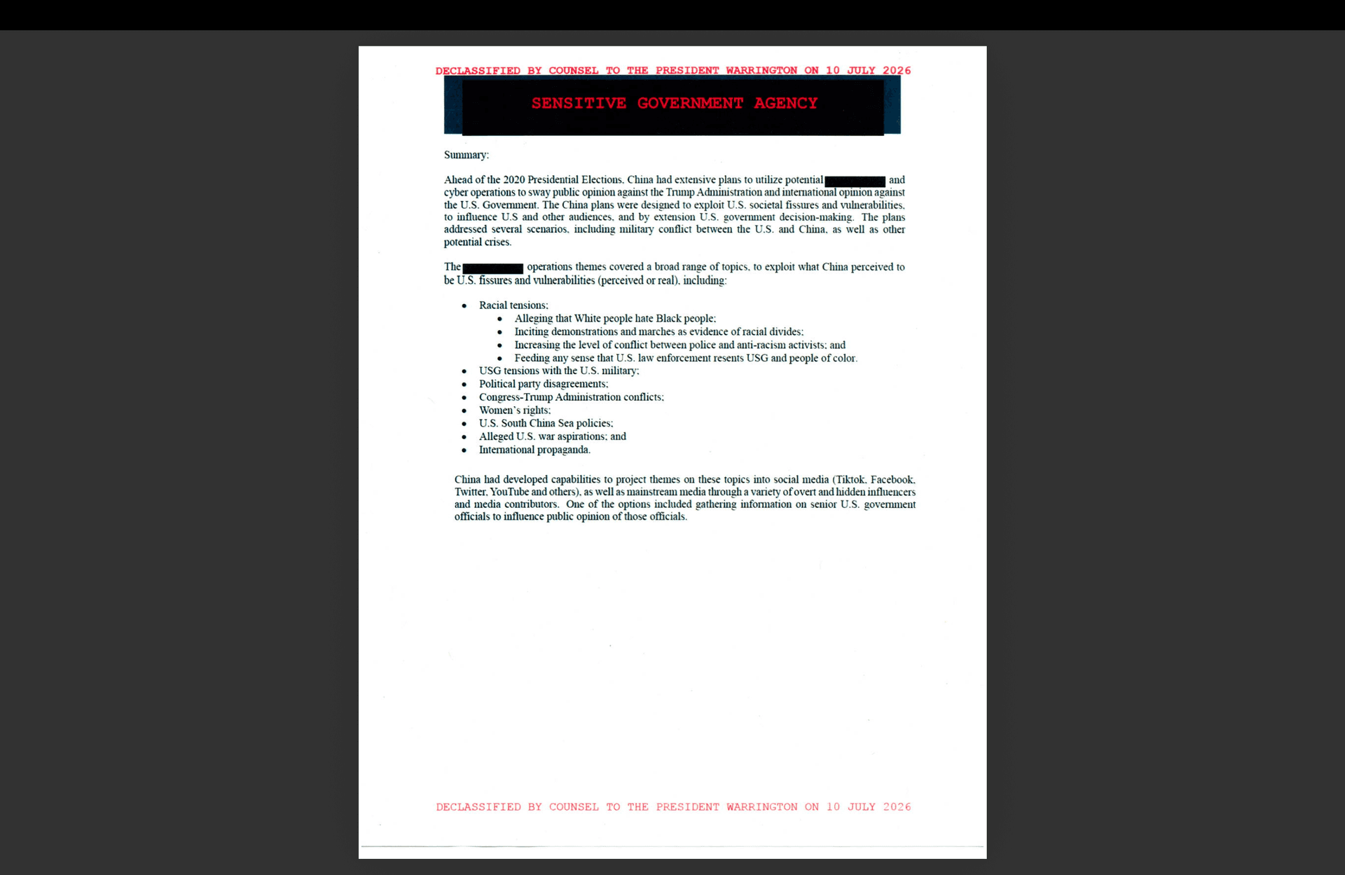 Newly declassified documents released by President Donald Trump on July 16, 2026.