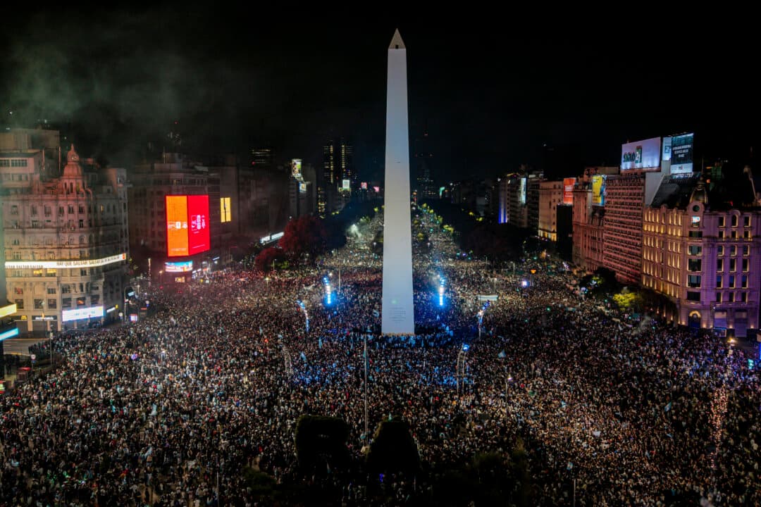 Fans of Argentina celebrate the victory against England in the FIFA World Cup 2026 in Buenos Aires, Argentina, on July 15, 2026. (Marcelo Endelli/Getty Images)