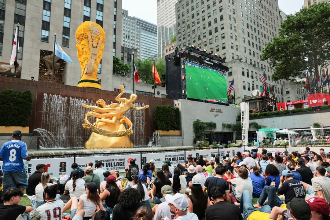 Fans attend a watch party for the FIFA World Cup semifinal match between France and Spain at Rockefeller Center in New York City on July 14, 2026. (Michael M. Santiago/Getty Images)