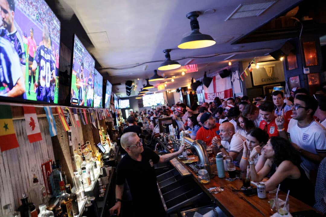 Fans attend a watch party for the FIFA World Cup semifinal match between England and Argentina at Smithfield Hall in New York City on July 15, 2026. (Michael M. Santiago/Getty Images)