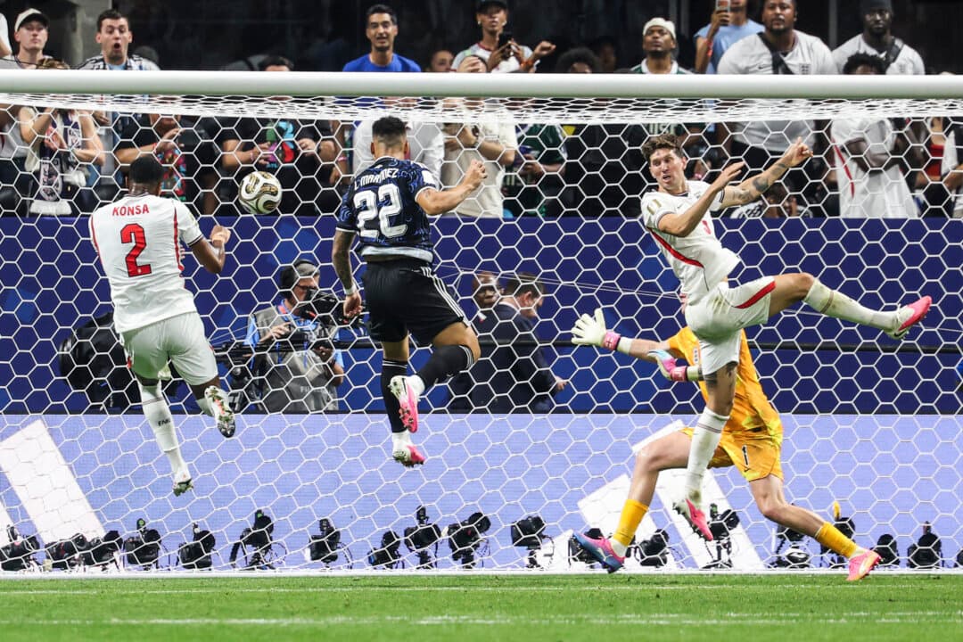 Argentina's forward #22 Lautaro Martinez scores his team's second goal during the 2026 World Cup football tournament semi-final match between England and Argentina at the Atlanta Stadium in Atlanta, Ga., on July 15, 2026. (Odd Andersen/AFP via Getty Images)