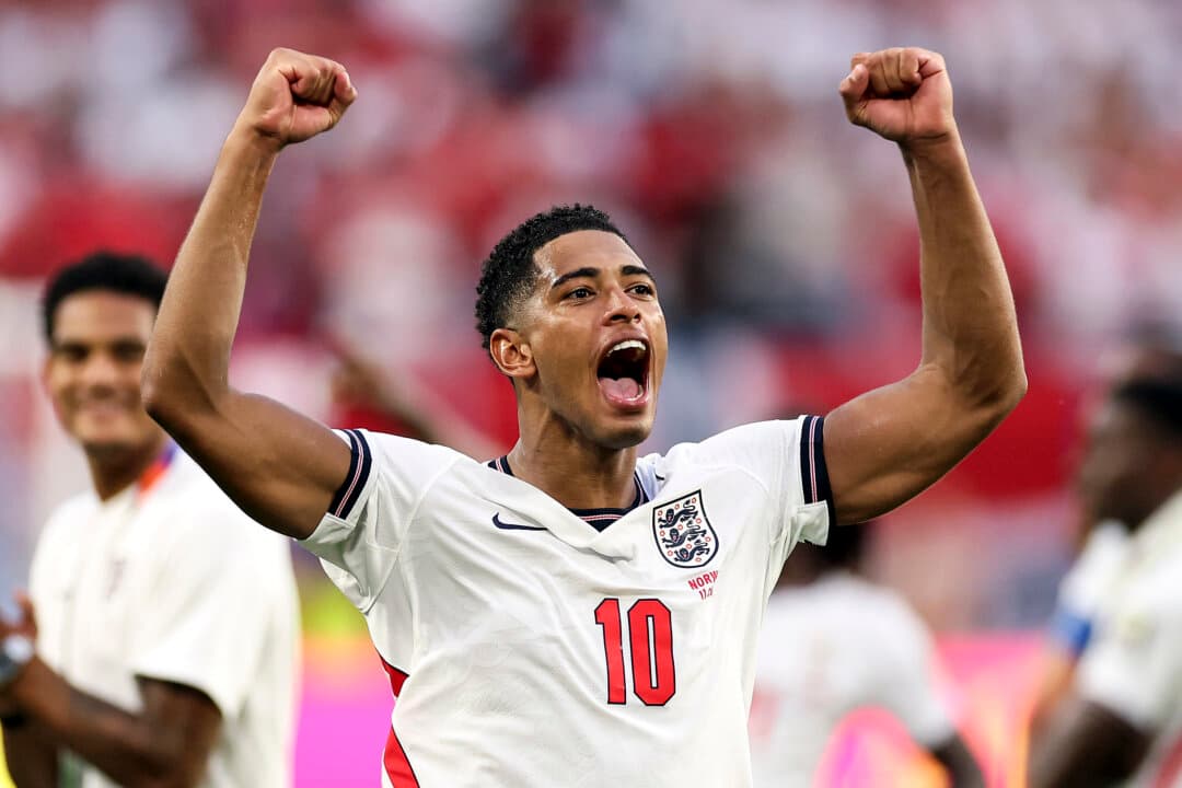 Jude Bellingham #10 of England celebrates after the 2–1 victory during the FIFA World Cup 2026 Quarter Final match between Norway and England at Miami Stadium in Miami Gardens, Fla., on July 11, 2026. (Dan Mullan/Getty Images)