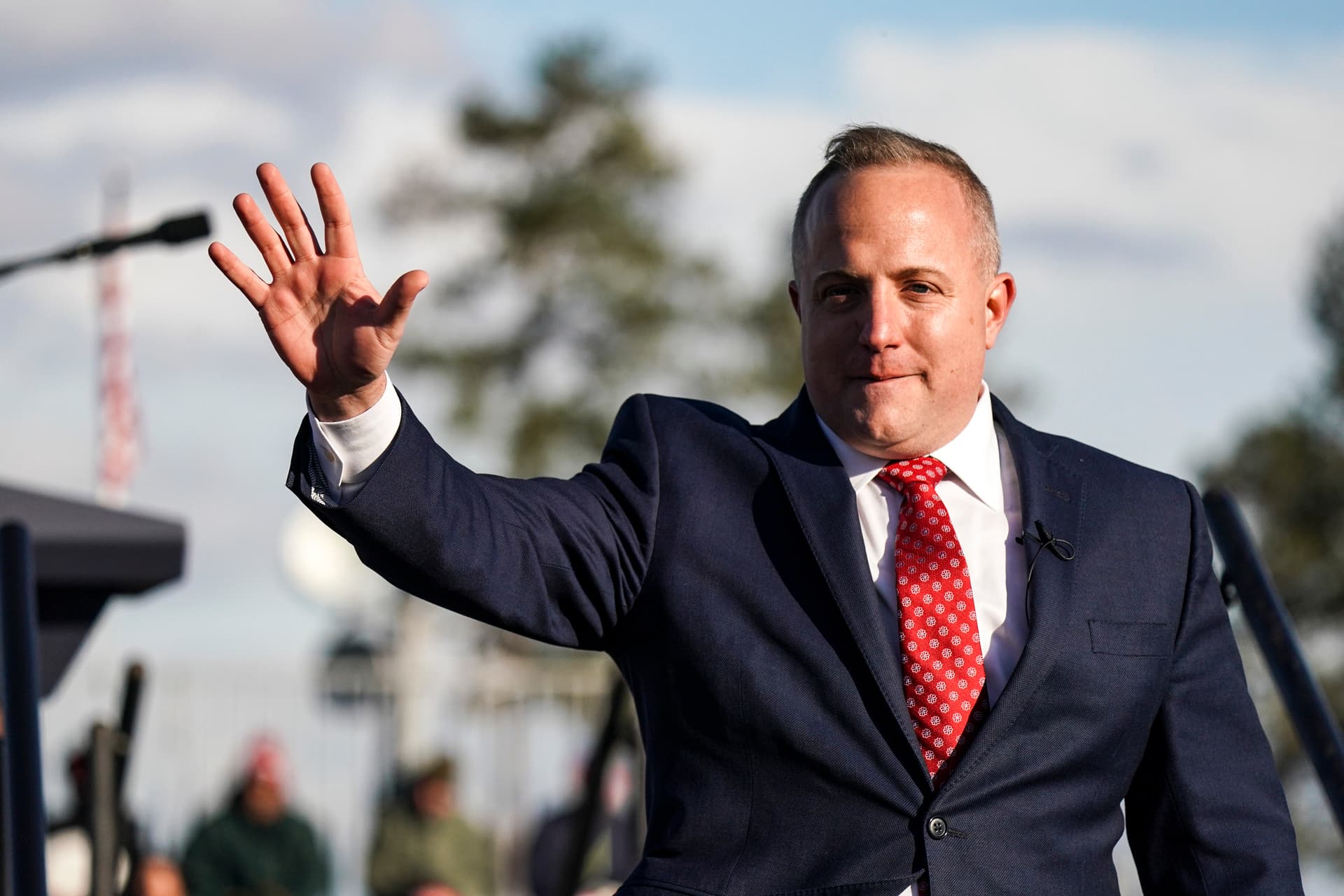House of Representatives candidate Russell Fry waves to a crowd during a rally with President Donald Trump at the Florence Regional Airport in Florence, S.C., on March 12, 2022. (Sean Rayford/Getty Images)