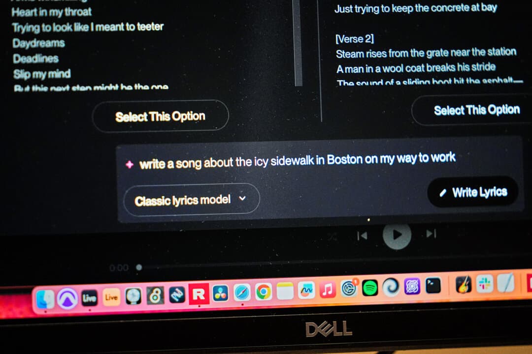A computer screen shows the early stages of an AI music song being created based on the prompt "write a song about the icy sidewalk in Boston ..." in Cambridge, Mass., on Jan. 13, 2026. (Robert F. Bukaty/AP Photo)