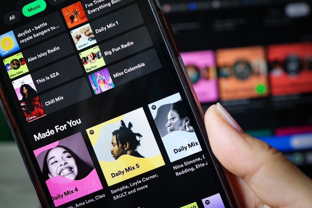 The Spotify music app displayed on a phone in New York City on June 4, 2024. Artificial intelligence has led to a huge rise in content on streaming services. (Photo Illustration by Michael M. Santiago/Getty Images)