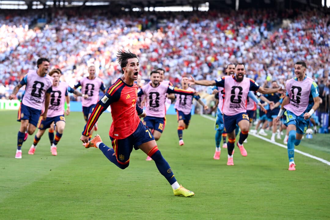 Ferran Torres #7 of Spain celebrates scoring his team's first goal during the FIFA World Cup 2026 Final match between Spain and Argentina at New York New Jersey Stadium in East Rutherford, N.J., on July 19, 2026. (David Ramos/Getty Images)