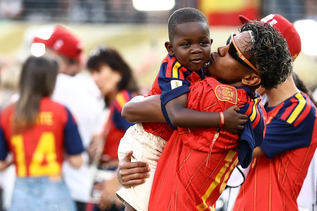 Spain's forward #19 Lamine Yamal celebrates with his brother Keyne after winning the 2026 World Cup football tournament final match between Spain and Argentina at the New York New Jersey Stadium in East Rutherford, N.J., on July 19, 2026. (Charly Triballeau/AFP via Getty Images)