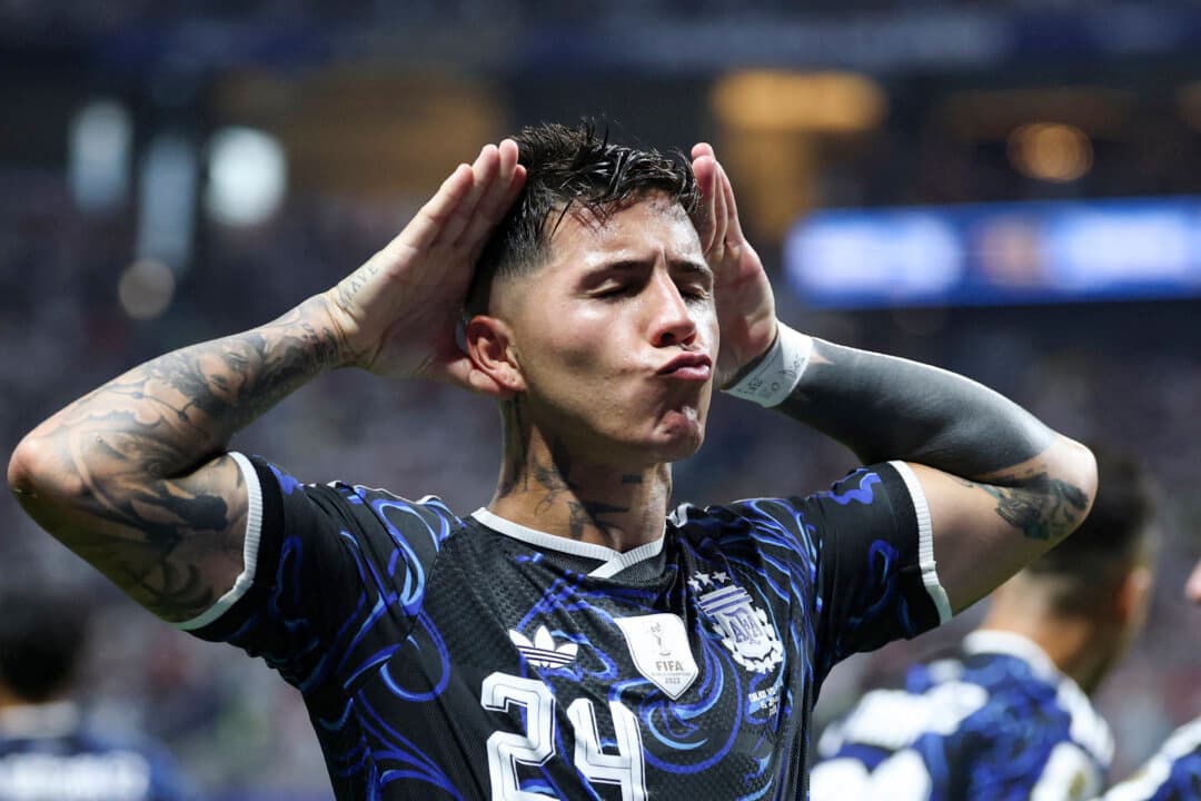 Argentina's midfielder #24 Enzo Fernandez celebrates scoring his team's first goal during the 2026 World Cup football tournament semi-final match between England and Argentina at the Atlanta Stadium in Atlanta, Ga., on July 15, 2026. (Thomas Coex/AFP via Getty Images)