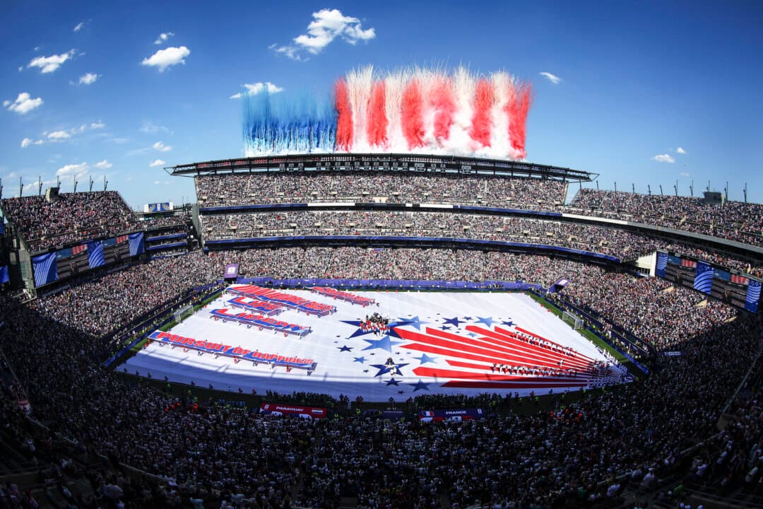 The U.S. national anthem is performed to mark Independence Day before the FIFA World Cup 2026 Round of 16 match between Paraguay and France at Philadelphia Stadium in Philadelphia, Pa., on July 4, 2026. (Al Bello/Getty Images)
