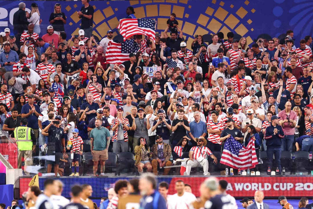 Players of the United States applaud fans after the 4–1 win during the FIFA World Cup 2026 Group D match between the USA and Paraguay at Los Angeles Stadium, in Inglewood, Calif., on June 12, 2026. (Dean Mouhtaropoulos/Getty Images)