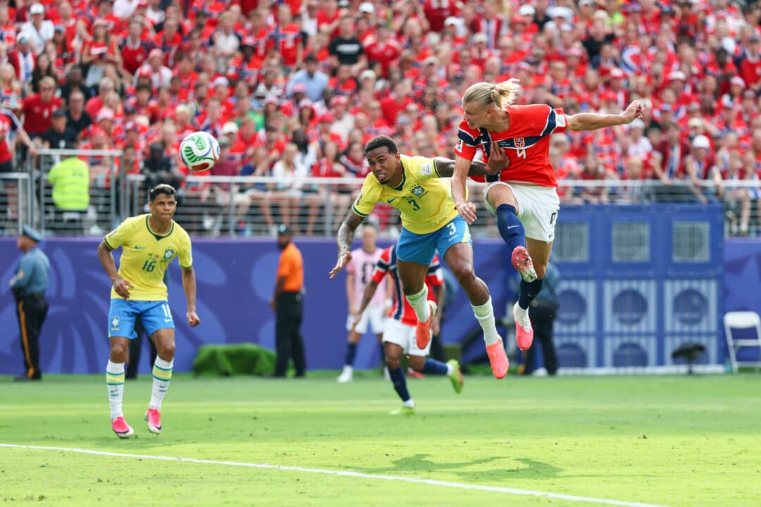 Erling Haaland #9 of Norway scores his team's first goal during the FIFA World Cup 2026 Round of 16 match between Brazil and Norway at New York New Jersey Stadium in East Rutherford, N.J., on July 5, 2026. (Al Bello/Getty Images)