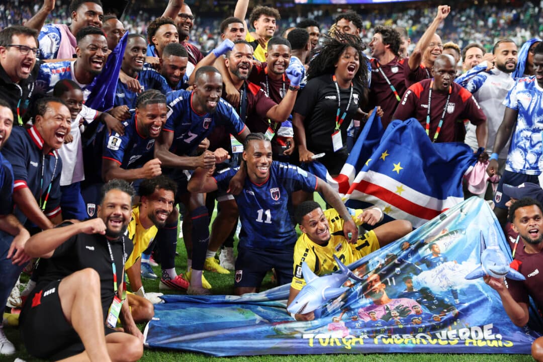 Cabo Verde players celebrate after the 0–0 draw during the FIFA World Cup 2026 Group H match between Cabo Verde and Saudi Arabia at Houston Stadium in Houston, Texas, on June 26, 2026. (Francois Nel/Getty Images)