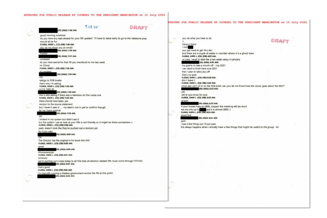 (Top) An email sent by former FBI election security lead Nikki Floris in December 2020, part of a trove of documents declassified and released by the White House on July 16, 2026. (Bottom) An email sent by former FBI election security lead Nikki Floris in which she comments, “I'm basically running a shadow government across the FBI at this point.” (White House)