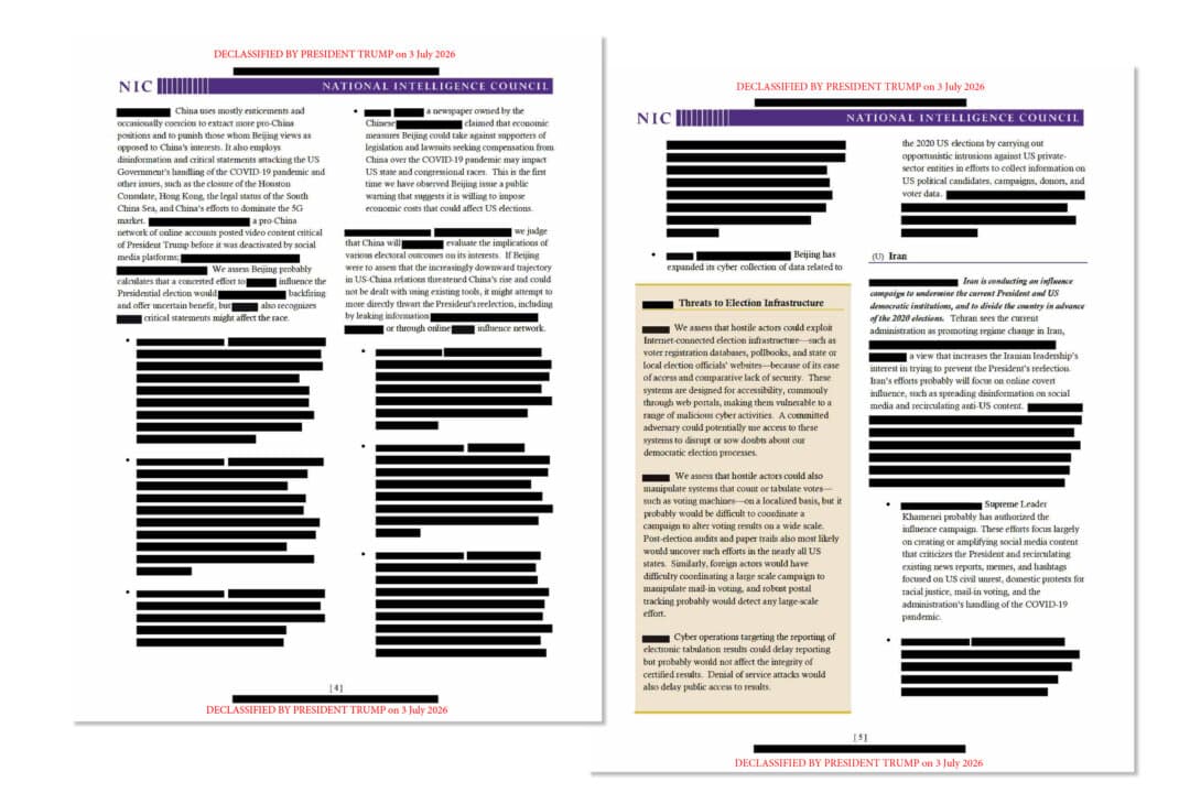 (Top) A CIA intelligence wire analysis notes that Chinese cyber activites could be a prelude to election espionage, part of a trove of newly declassified documents released by the White House on July 16, 2026. (Bottom) A declassified National Intelligence Council report cites potential attempts to influence U.S. elections on the part of China and Iran. (White House)