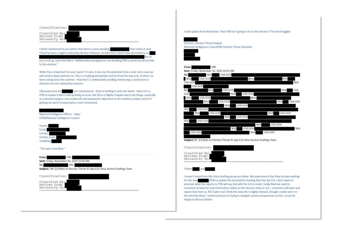 (Top) An email from a strategic intelligence analyst at the National Security Administration notes that the agency “massaged” a report to the president to avoid mentioning potential Chinese election interference. The email is part of a trove of documents declassified and released by the White House on July 16, 2026. (Bottom) An email from an officer at the National Intelligence Council illustrates tensions between agencies surrounding information on potential Chinese election interference. (White House)