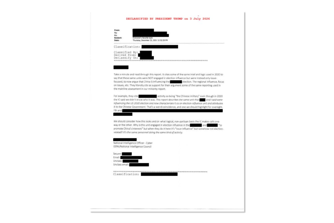 A recently declassified email from an officer at the National Intelligence Council cites “intel and logic” that had been used in 2020 to argue that China was not interfering in U.S. elections, but was cited the following year as evidence of Chinese interference. (White House)