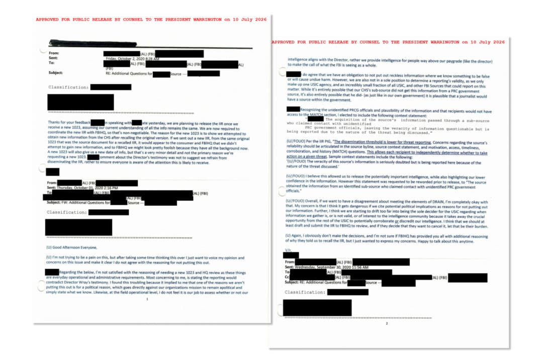 FBI emails illustrate conflicting opinions within the agency on whether to release certain information concerning potential interference in U.S. elections. The emails were part of a trove of documents released by the White House on July 16, 2026. (White House)