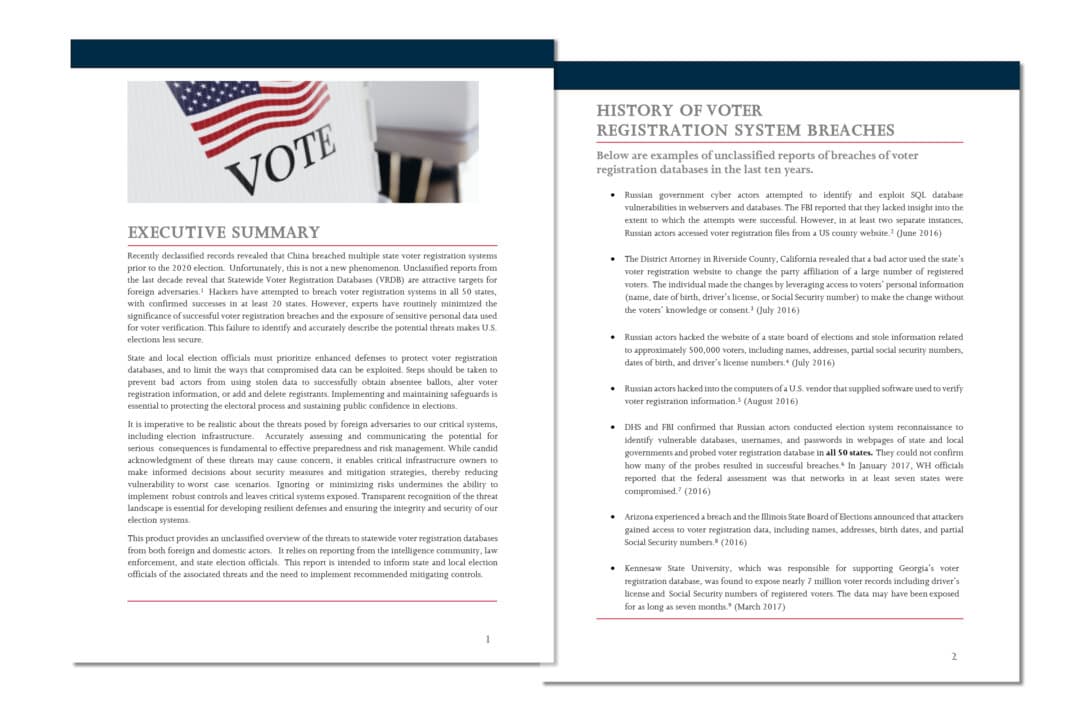 A report from the White House's election integrity project summarizes unclassified reports of breaches of voter registration databases. (White House)