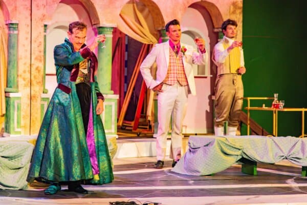 High energy from the stage: (L-R) August Foreman, Chad Bay, and Drew Bos in "The Importance of Being Earnest." (Josh Darr)