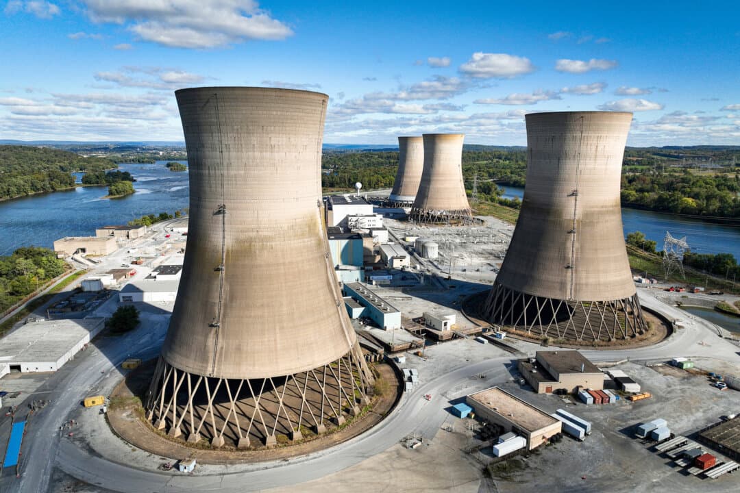 The shuttered Three Mile Island nuclear power plant stands in the middle of the Susquehanna River near Middletown, Pa., on Oct. 10, 2024. Since 1990, only two new nuclear reactors have been built in the United States, in large part because of public perception after nuclear accidents such as the 1979 partial meltdown at the plant. (Chip Somodevilla/Getty Images)