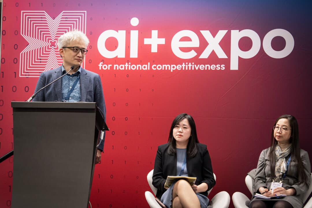 Ethan Tu, founder of Taiwan AI Labs, speaks during the AI+Expo Special Competitive Studies Project in Washington on June 3, 2025. The Taipei-based nonprofit uses artificial intelligence to expose coordinated influence operations and has documented Beijing's campaigns targeting Taiwan's elections. (Madalina Vasiliu/The Epoch Times)