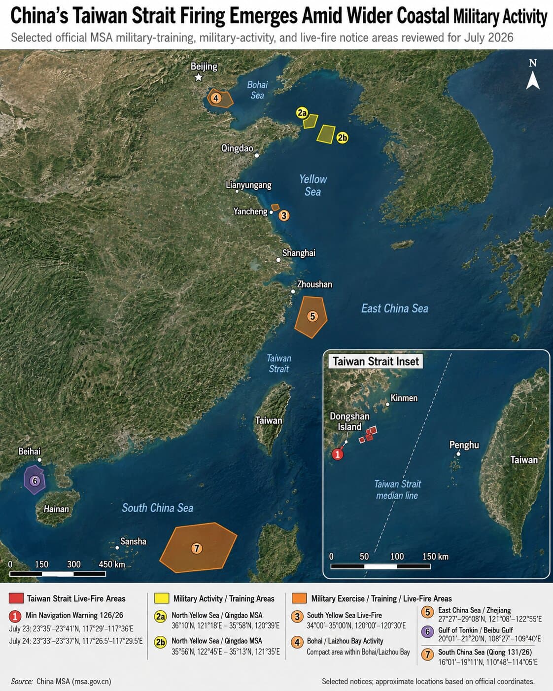 A partial list of Chinese military-training, military-activity, and live-fire areas announced in official maritime navigation warnings in July 2026. (Arthur Zhang/The Epoch Times)