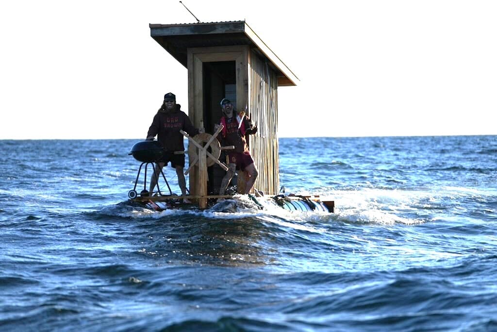 Alex Craig's craft floating in the seas off South Australia, alongside friend Paul Graham. (Courtesy of Alex Craig)