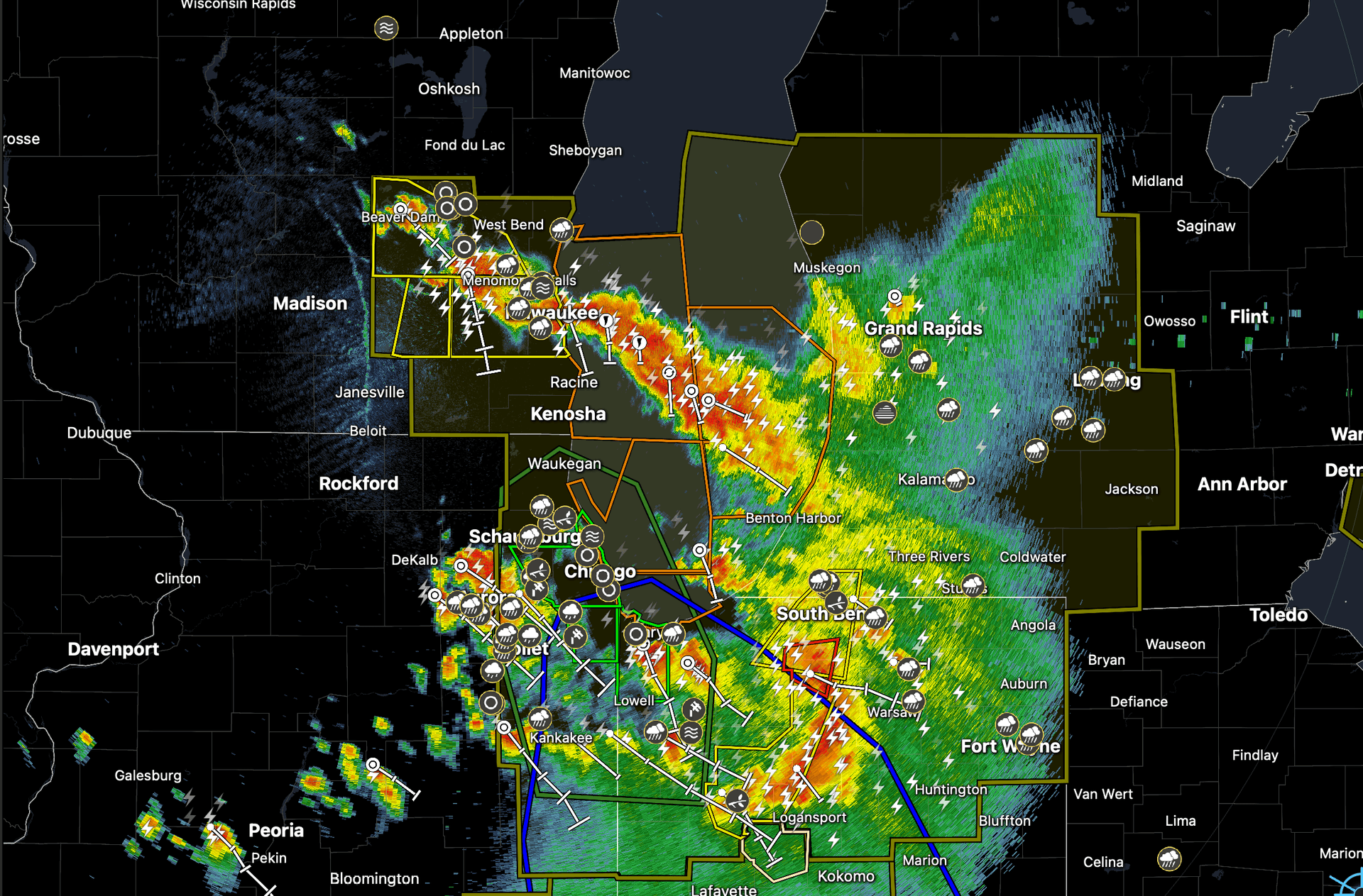 Radar image of a severe thunderstorm rolling across the Great Lakes region on July 27, 2026. (RadarScope/Screenshot via The Epoch Times)