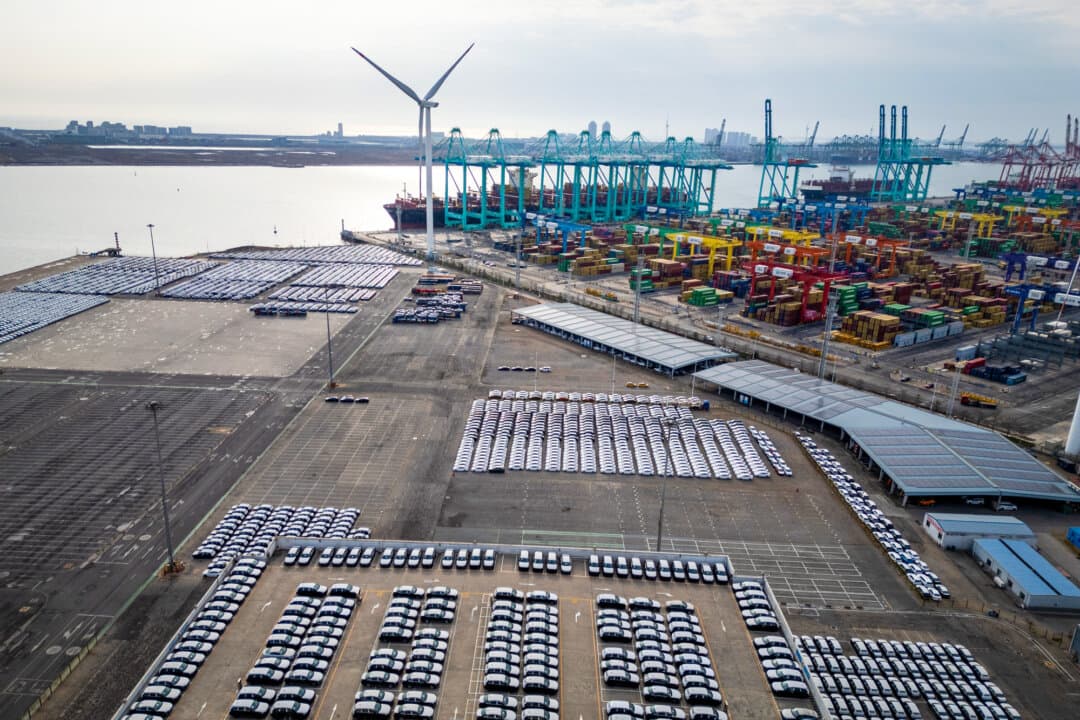 Vehicles await loading onto a ship for export in Tianjin, China, on March 30, 2026. (Lintao Zhang/Getty Images)