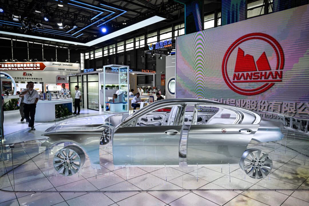 Aluminum car parts displayed during the Aluminum China 2025 trade fair in Shanghai, on July 10, 2025. Much of the aluminum in Chinese electric vehicles originates in China's Xinjiang region, where the metal is processed by detained Uyghurs. (Hector Retamal/AFP via Getty Images)
