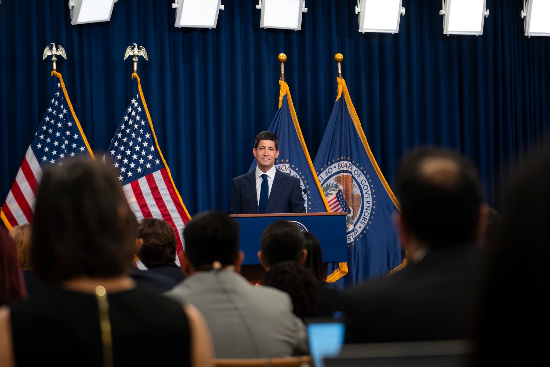 Federal Reserve Chairman Kevin Warsh speaks during a news conference in Washington on July 29, 2026. (Madalina Kilroy/The Epoch Times)