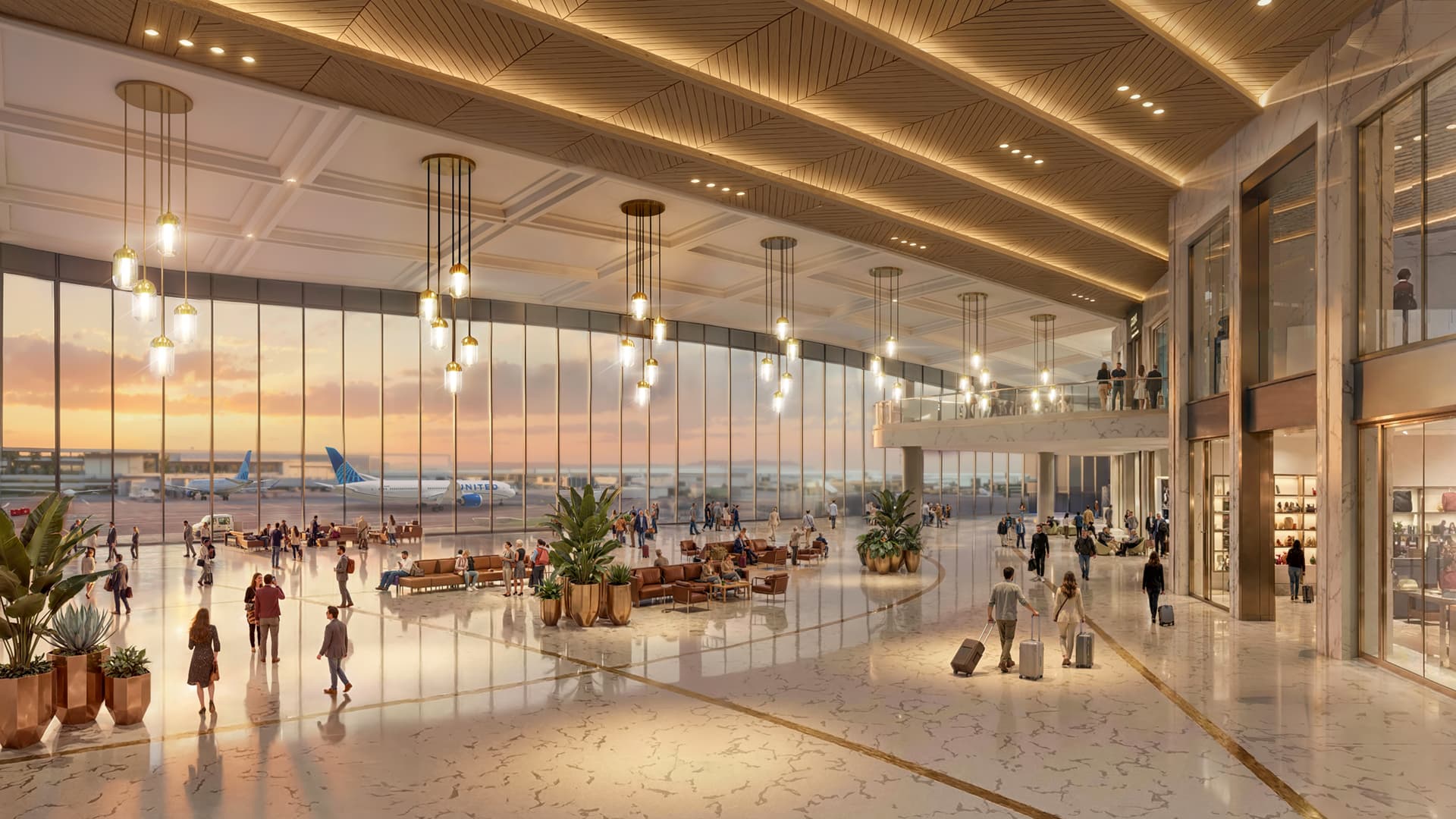 A rendering of the Dulles airport redesign shows bright spaces that will replace current dimly lit settings. (Courtesy U.S. Department of Transportation)