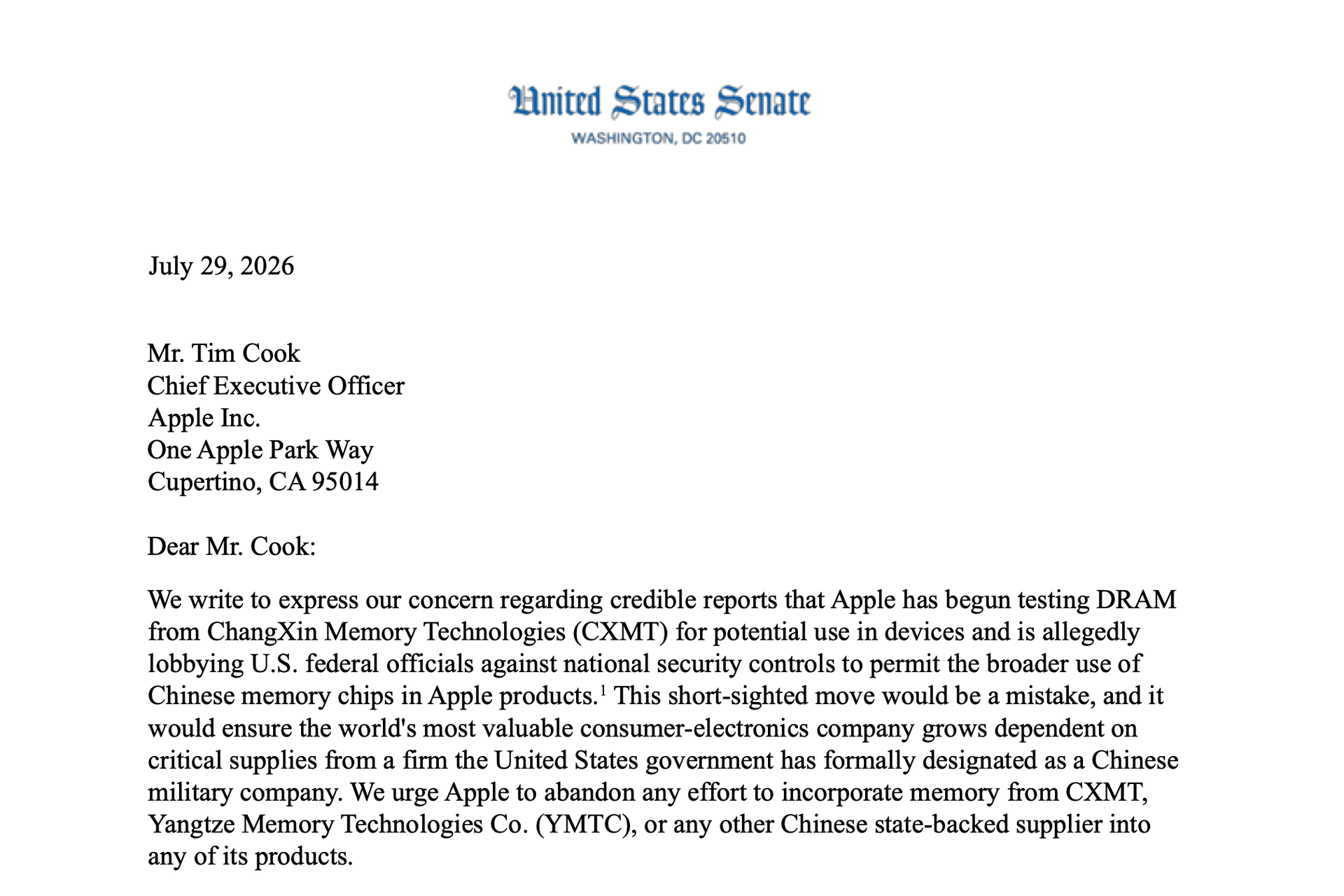 Seven Senators sent a letter on July 29, 2026, to Apple CEO Tim Cook, urging the company to commit that no memory chips produced by Chinese military-linked companies CXMT or YMTC will be used in any Apple product sold anywhere in the world. (Screenshot via The Epoch Times)