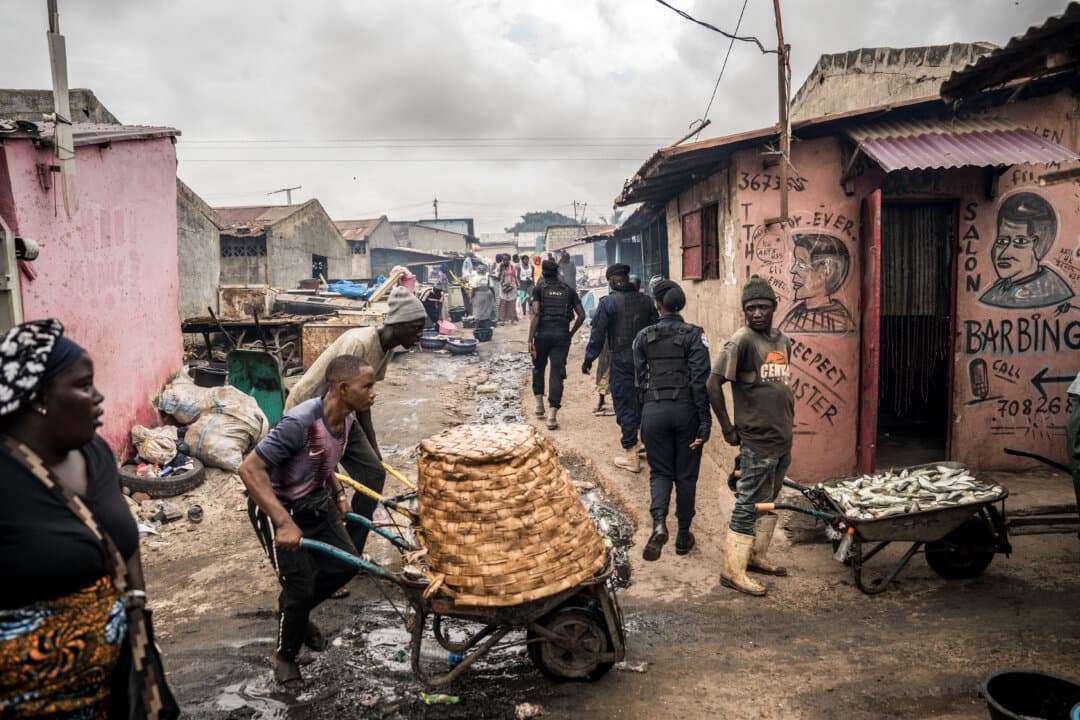 Officers from the Police Intervention and Anti-Crime Unit patrol during an anti-crime operation in Tanji, Gambia, on July 25, 2026. (Muhamadou Bittaye/AFP via Getty Images)