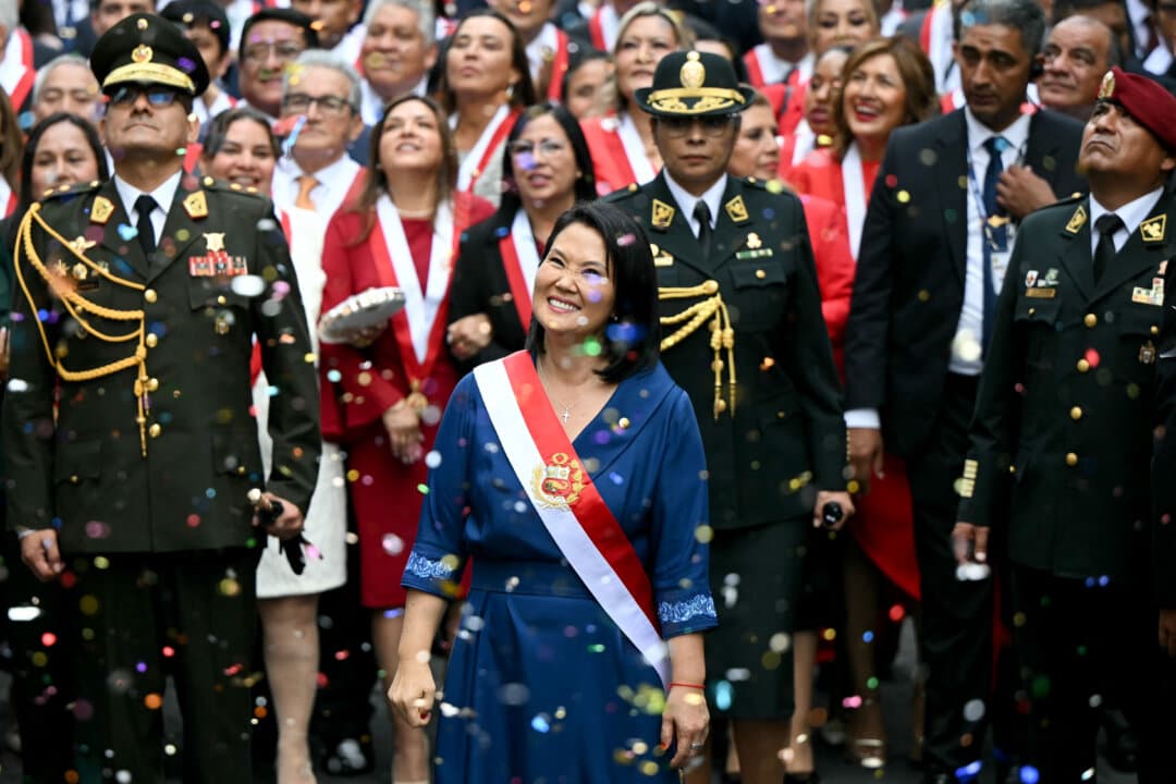 Peruvian President Keiko Fujimori walks toward the Government Palace after leaving Congress following her inauguration ceremony in Lima, Peru, on July 28, 2026. Fujimori took office vowing to tackle a wave of crime sweeping the Andean nation after winning the June 7 presidential runoff by fewer than 50,000 votes. (Ernesto Benavides/AFP via Getty Images)