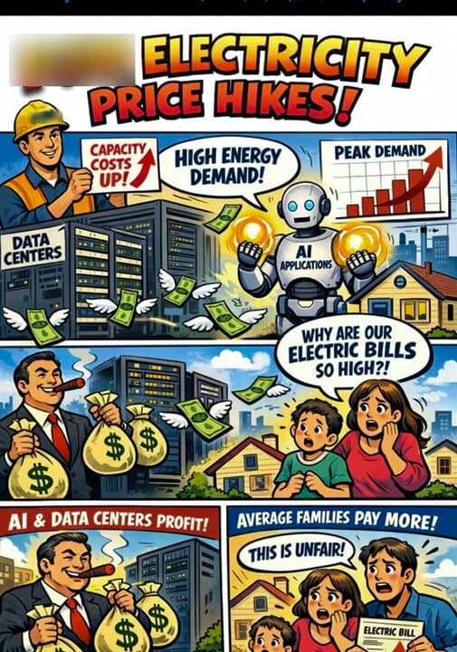 Screenshots of an English-language comic strip generated by ChatGPT suggesting that AI data center construction is driving up electricity costs for average U.S. households, posted on X by a network of likely inauthentic accounts. (OpenAI/Screenshot via The Epoch Times)