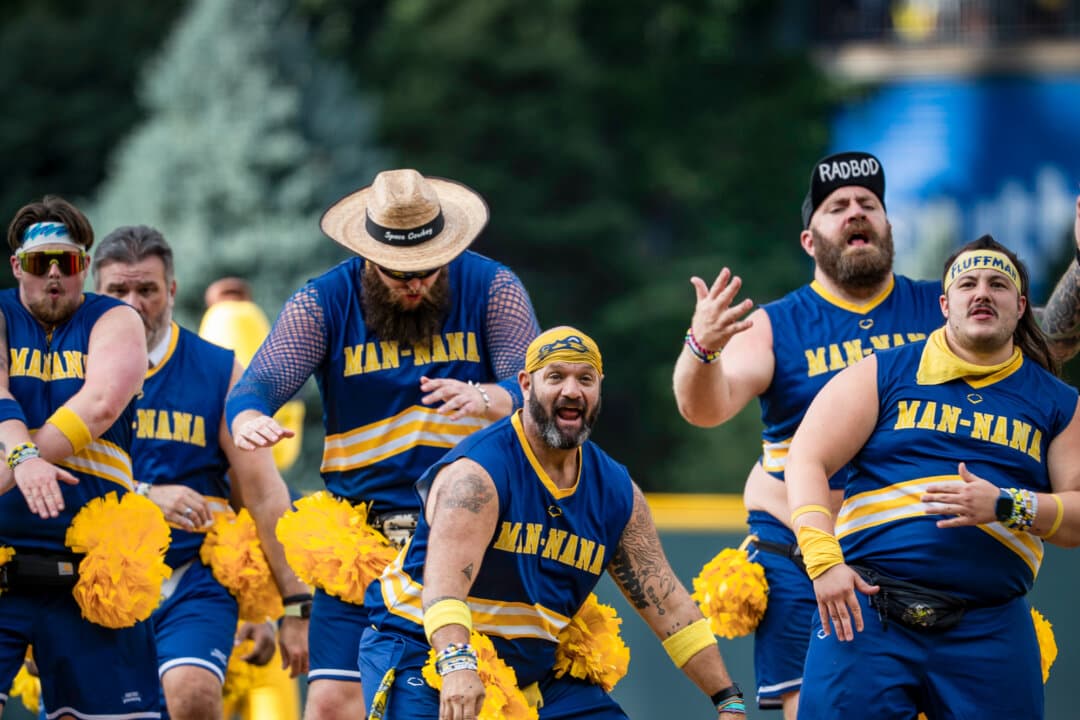 (Top Left) A chicken fight spills onto the field at a Savannah Bananas versus Indianapolis Clowns game in Denver on Aug. 15, 2026. (Top Center) Banana Ball fans stand for the national anthem as the game begins in Denver on Aug. 15, 2026. (Top Right) Dakota “Stilts” Albritton is on the mound during the Savannah Bananas versus Indianapolis Clowns game in Denver on Aug. 15, 2026. (Bottom Left) The Man-Nanas entertain Banana Ball fans in Denver on Aug. 15, 2026. (Bottom Center) Goofy antics at Coors Field in Denver on Aug. 15, 2026. (Bottom Right) Split, the official mascot of the Savannah Bananas, interacts with fans in Denver on Aug. 15, 2026. (Madalina Kilroy/The Epoch Times)