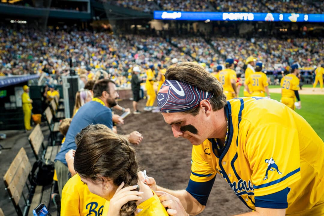 (Left) Savannah Bananas pitcher Connor Harris interacts with fans during the Savannah Bananas versus Indianapolis Clowns game at Coors Field in Denver on Aug. 15, 2026. (Center) Pitcher Connor Harris signs an autograph for a fan in Denver on Aug. 15, 2026. (Right) Savannah Bananas player Ty “pookie” Jackson interacts with fans during the game at Coors Field in Denver on Aug. 15, 2026. (Madalina Kilroy/The Epoch Times)