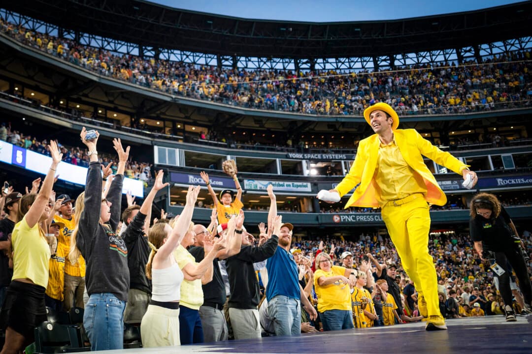 Jesse Cole, Banana Ball creator and founder of Fans First Entertainment, at a Savannah Bananas versus Indianapolis Clowns game at Coors Field in Denver on Aug. 15, 2026. (Madalina Kilroy/The Epoch Times)